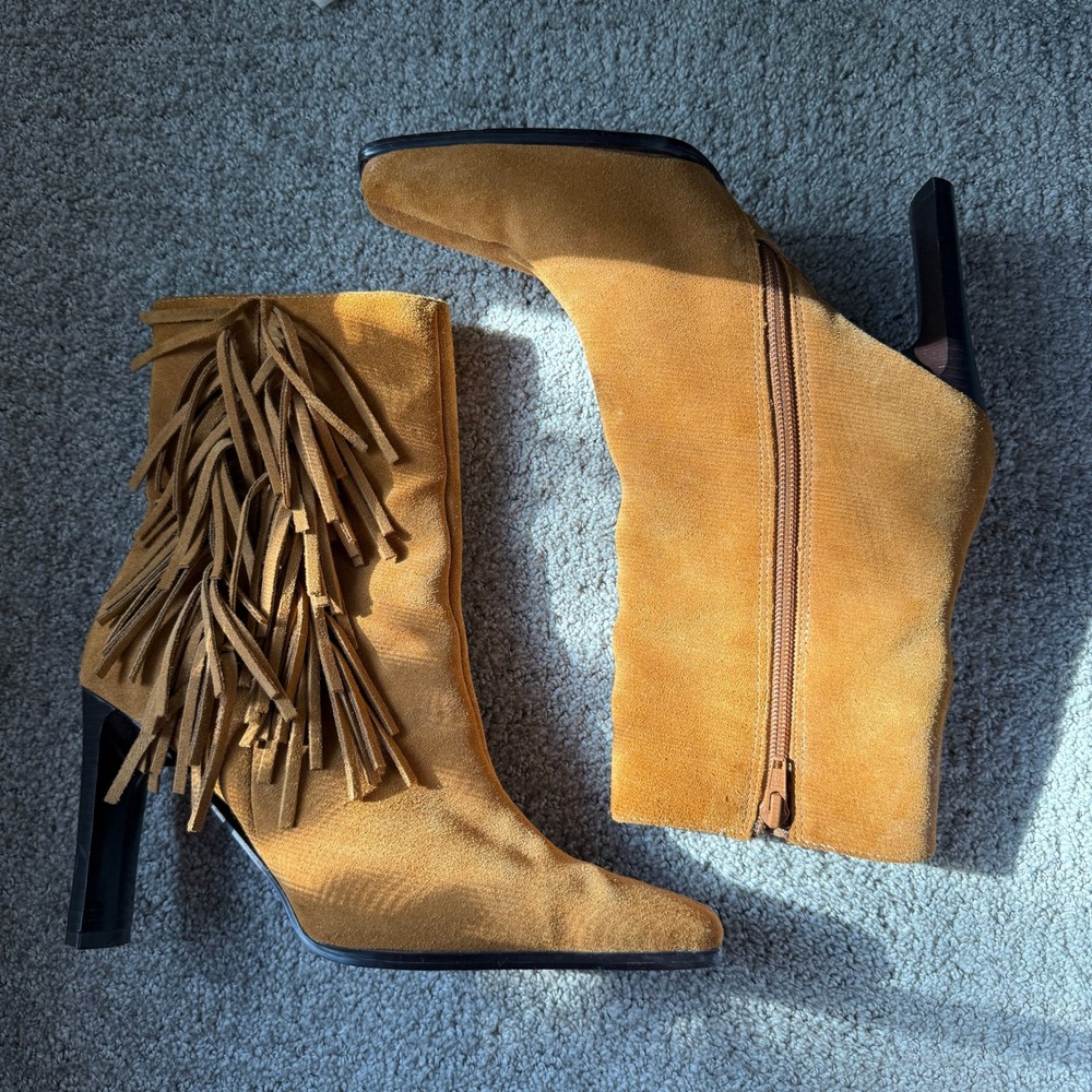 Y2K Vintage Suede Square Toe Fringe Ankle Boots 8.5 Camel Western Boho Cowgirl - Picture 2 of 9